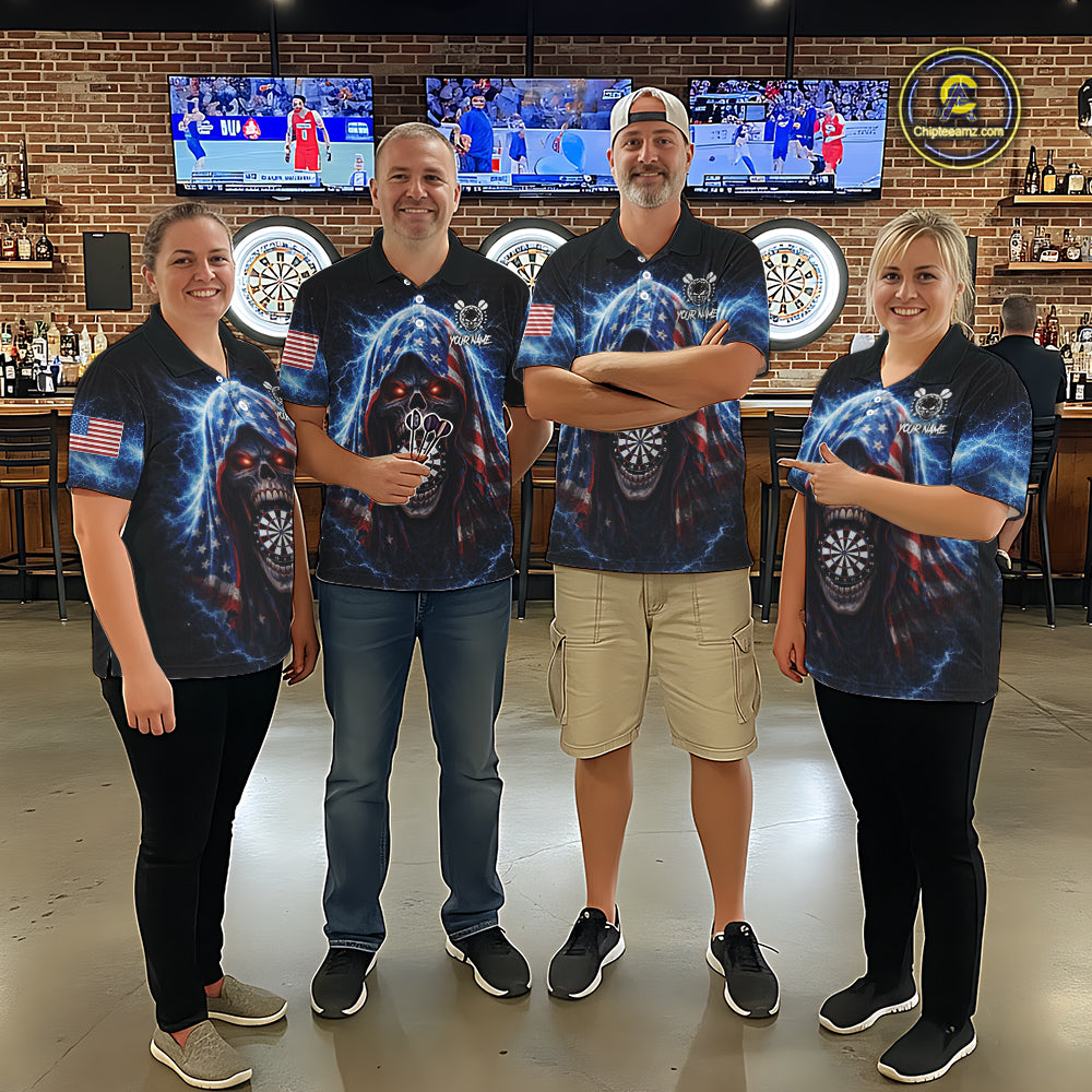 American Flag Thunder Grim Reaper Dartboard Men Darts 1/4-Zip Shirt Custom Patriotic Dart League Shirt NYN2641