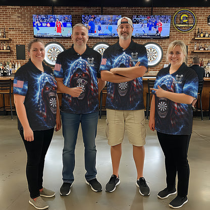 American Flag Thunder Grim Reaper Dartboard Men Darts 1/4-Zip Shirt Custom Patriotic Dart League Shirt NYN2641