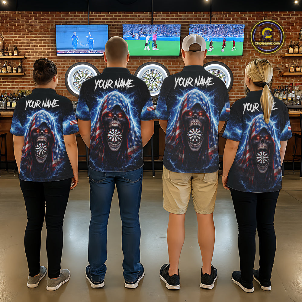 American Flag Thunder Grim Reaper Dartboard Men Darts 1/4-Zip Shirt Custom Patriotic Dart League Shirt NYN2641