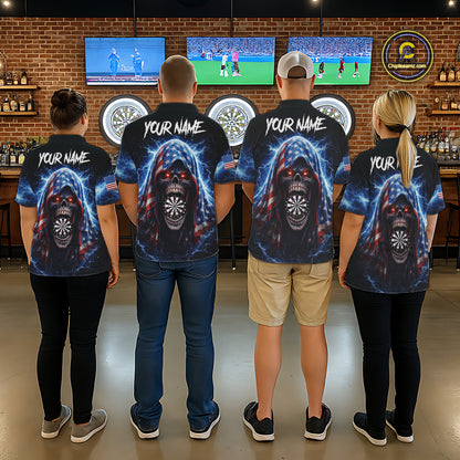 American Flag Thunder Grim Reaper Dartboard Men Darts 1/4-Zip Shirt Custom Patriotic Dart League Shirt NYN2641