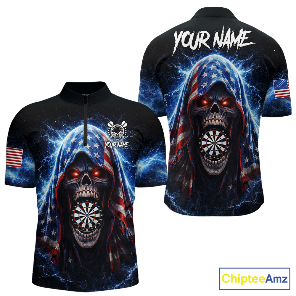 American Flag Thunder Grim Reaper Dartboard Men Darts 1/4-Zip Shirt Custom Patriotic Dart League Shirt NYN2641
