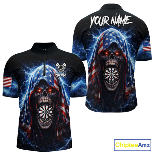 American Flag Thunder Grim Reaper Dartboard Men Darts 1/4-Zip Shirt Custom Patriotic Dart League Shirt NYN2641