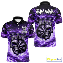 Load image into Gallery viewer, Thunder Purple Cracked Crown Skull Dartboard Men Darts Polo Shirt Custom Dart League Shirt NYN2645