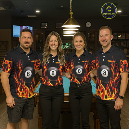 Personalized 8 Ball Fire Flame Pool Billiard Polo & 1/4 Zip For Men Custom Flame Billiard Team Attire NYN3013