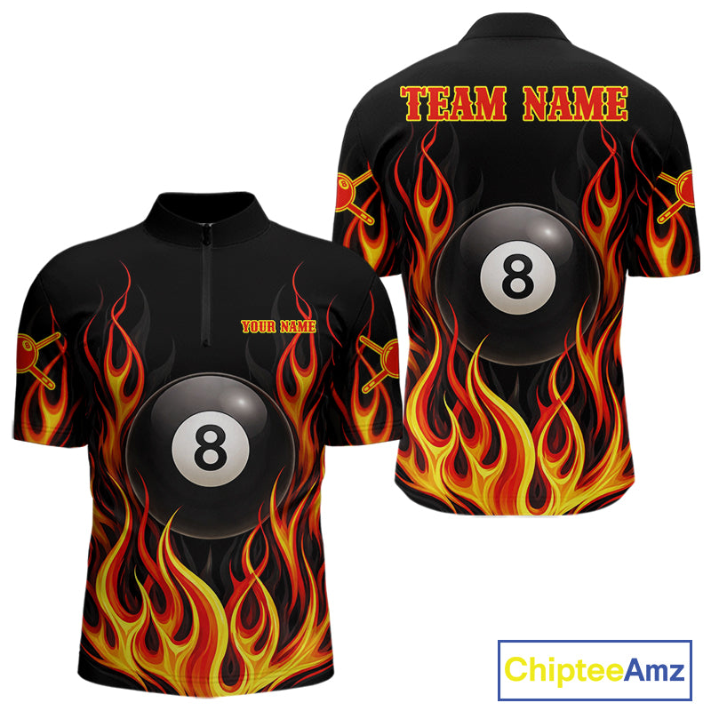 Personalized 8 Ball Fire Flame Pool Billiard Polo & 1/4 Zip For Men Custom Flame Billiard Team Attire NYN3013