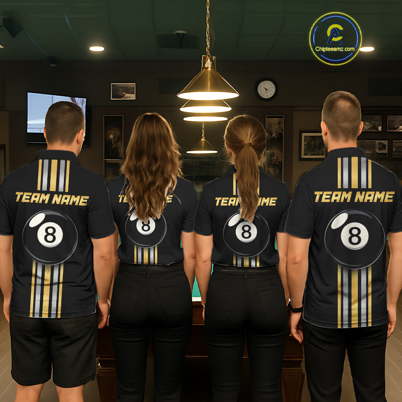 Coordinated Black & Gold 8 Ball billiard jerseys for men and women, custom APA BCA tournament uniforms, premium cue sports apparel, championship pool team shirts, matching league clothing, professional club jerseys
