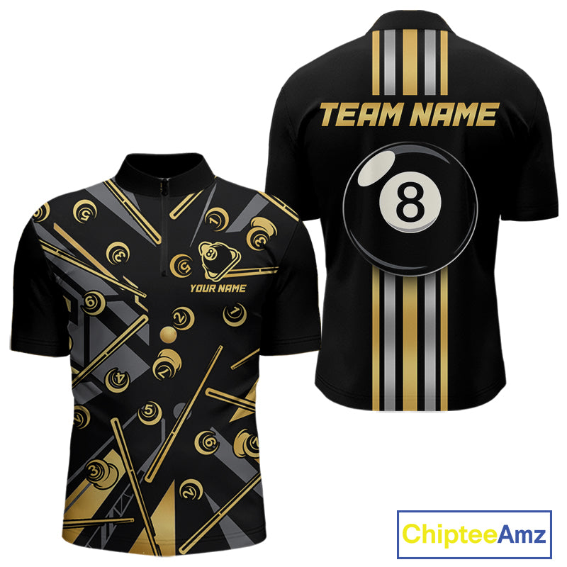 Black & Gold 8 Ball men's quarter-zip pool jersey, custom billiard tournament shirt, personalized APA league apparel, professional cue sports uniform, championship team clothing, premium athletic wear