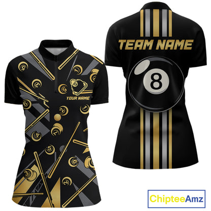 Black & Gold 8 Ball women's quarter-zip billiard jersey featuring elegant gold graphics, custom pool tournament apparel, personalized cue sports team uniform, moisture-wicking performance polo, competitive league clothing