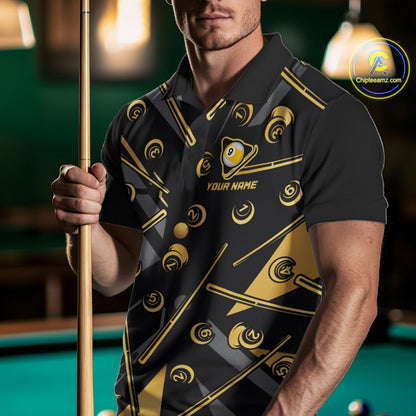 Male model wearing Black & Gold 9 Ball billiard polo, personalized cue sports jersey, custom pool tournament apparel, league championship uniform, premium athletic clothing