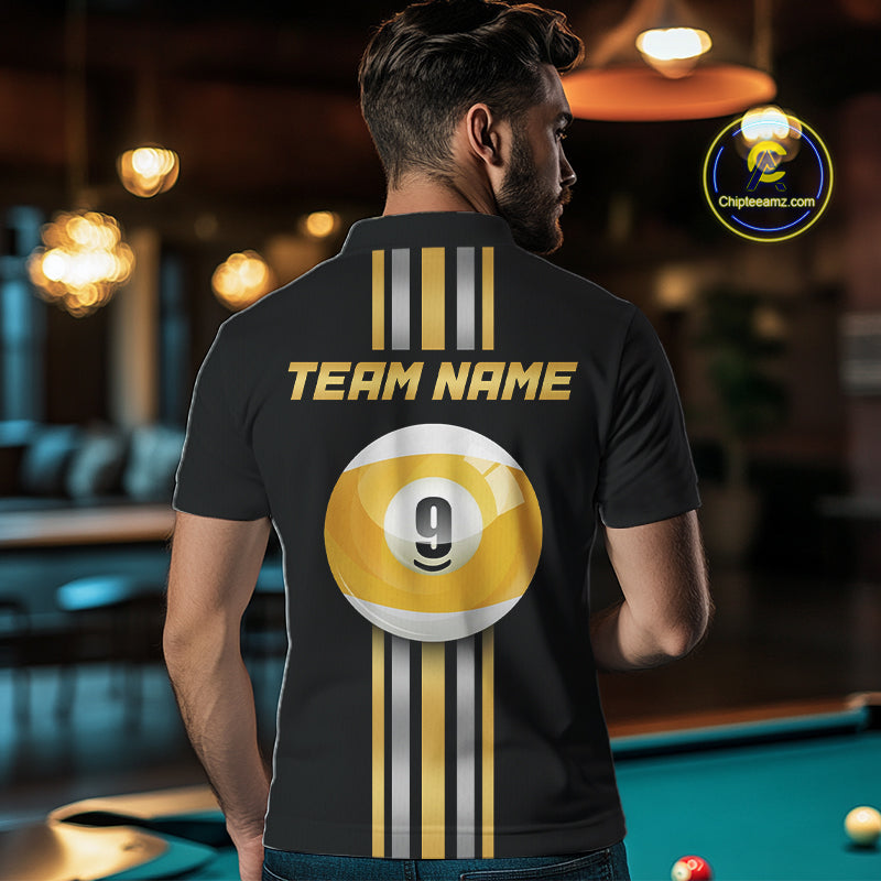 Male model wearing Black & Gold 9 Ball billiard polo, personalized cue sports jersey, custom pool tournament apparel, league championship uniform, premium athletic clothing