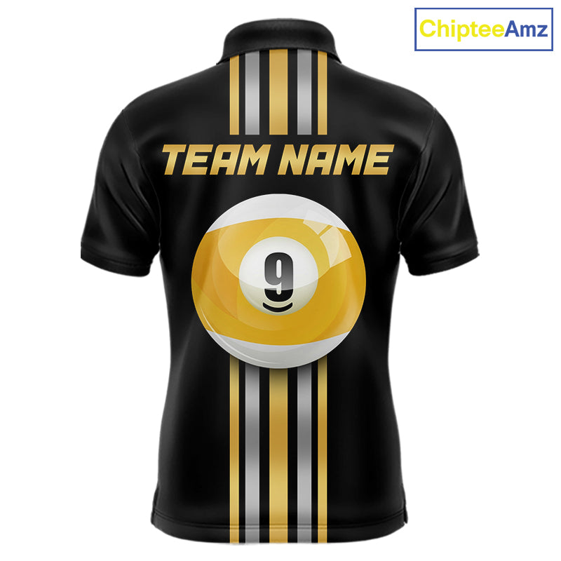 Black & Gold 9 Ball men's pool polo with premium metallic styling, personalized billiard tournament jersey, custom cue sports apparel, professional 9 Ball league uniform, championship athletic clothing