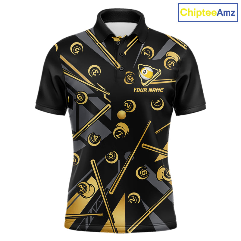 Black & Gold 9 Ball men's pool polo with premium metallic styling, personalized billiard tournament jersey, custom cue sports apparel, professional 9 Ball league uniform, championship athletic clothing