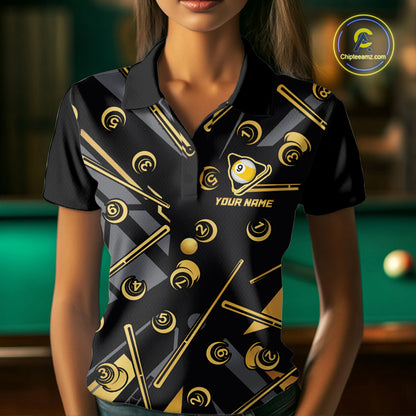 Female model wearing Black & Gold 9 Ball women's billiard polo, custom league tournament jersey, personalized cue sports apparel, championship performance clothing