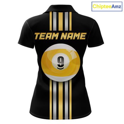 Black & Gold 9 Ball women's billiard polo featuring luxury gold trim, custom pool team jersey, personalized 9 Ball tournament apparel, league clothing, cue sports performance uniform, championship team polo