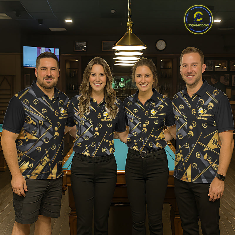 Matching Black & Gold 9 Ball billiard team jerseys, custom pool tournament uniforms, league apparel, cue sports championship clothing, premium team performance jerseys