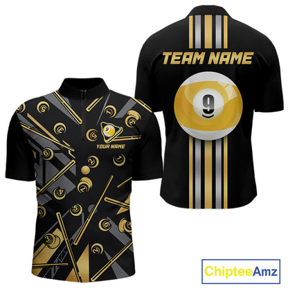 Black & Gold 9 Ball men's quarter-zip pool jersey featuring luxury gold artwork, custom tournament shirt, personalized league apparel, cue sports championship clothing