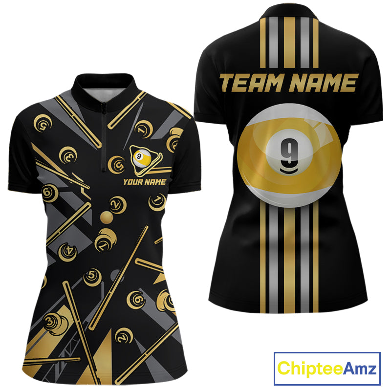 Black & Gold 9 Ball women's quarter-zip billiard jersey, personalized tournament apparel, custom pool league uniform, cue sports performance clothing, premium championship sportswear