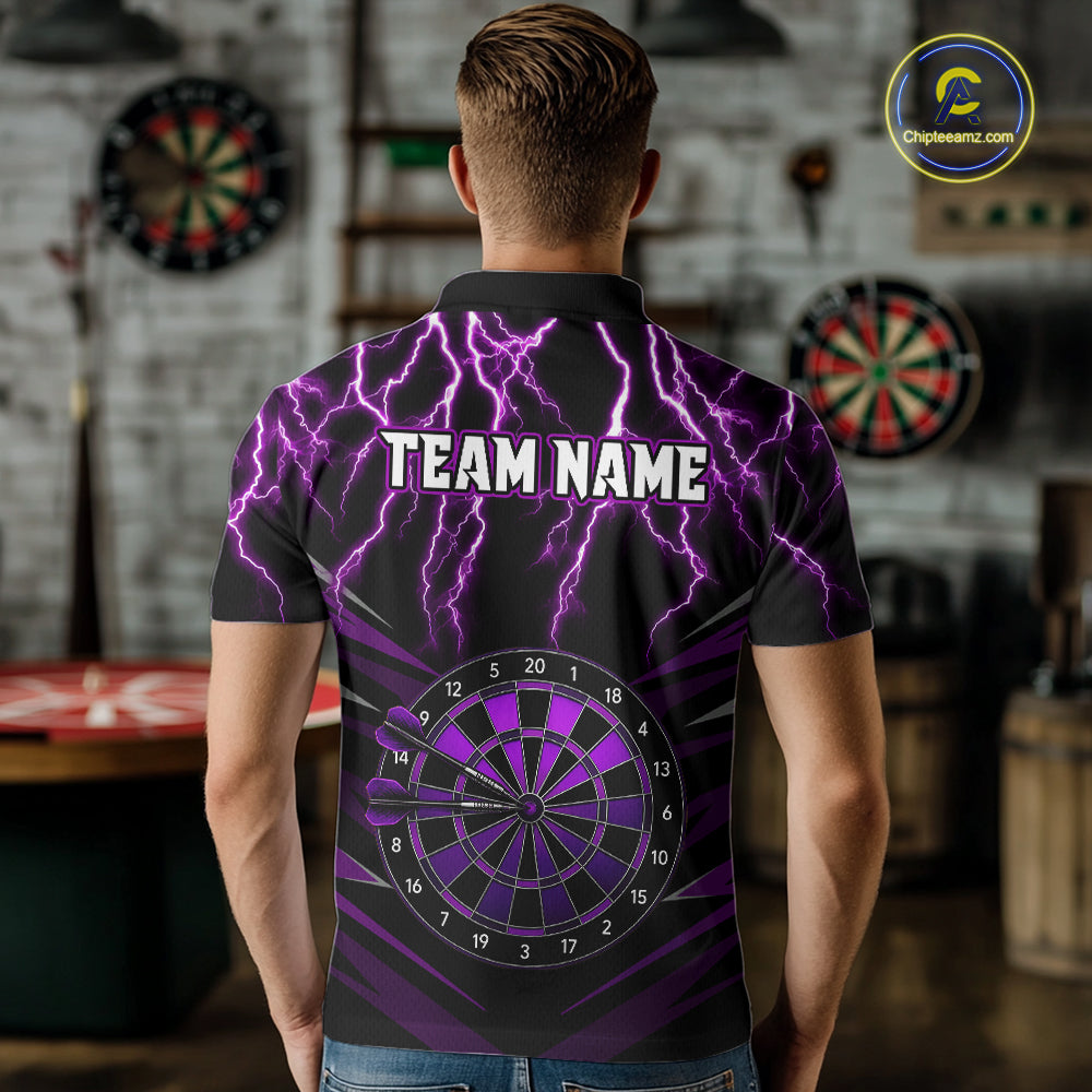 Male model wearing Thunder Lightning Purple Dartboard Custom Darts Polo, Personalized Tournament Team Jersey, Professional Dart Competition Apparel