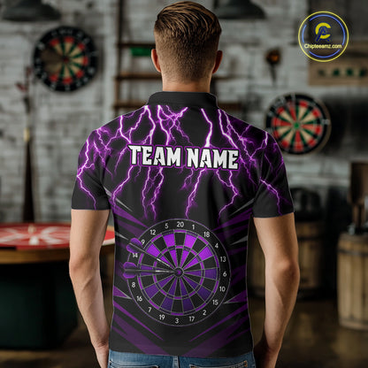 Male model wearing Thunder Lightning Purple Dartboard Custom Darts Polo, Personalized Tournament Team Jersey, Professional Dart Competition Apparel