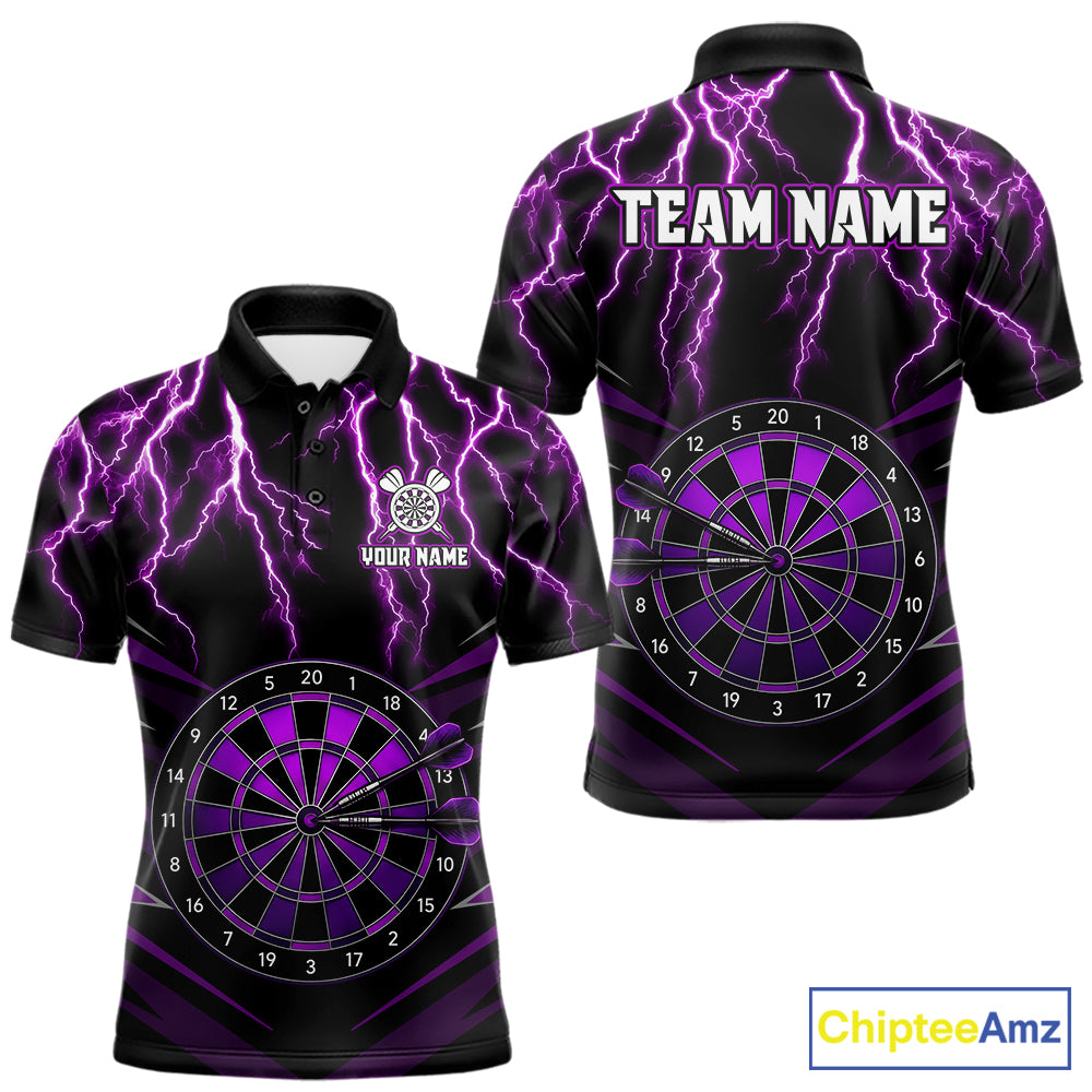 Thunder Lightning Men's Custom Darts Polo Shirt Mockup, Purple Dartboard Tournament Jersey, Personalized Dart Team Uniform, Professional Dart League Apparel