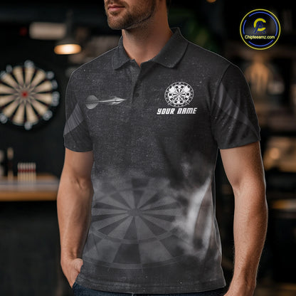 Male model wearing Black Smokes Personalized Darts Polo, Professional Dart Tournament Jersey, Custom Team Apparel