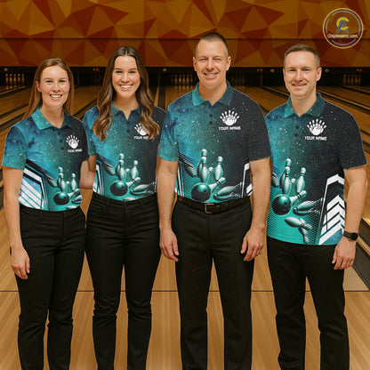 Turquoise Galaxy Bowling Ball Shirt For Men Custom Team Polo Quarter-Zip Bowling Jersey NYN3726