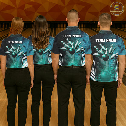 Turquoise Galaxy Bowling Ball Shirt For Men Custom Team Polo Quarter-Zip Bowling Jersey NYN3726