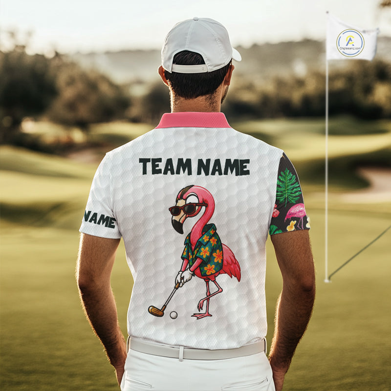 Custom Flamingo Golfer Golf Ball Team Attire Tropical Monstera Golf Polo Golf Shirts For Men NYN3993