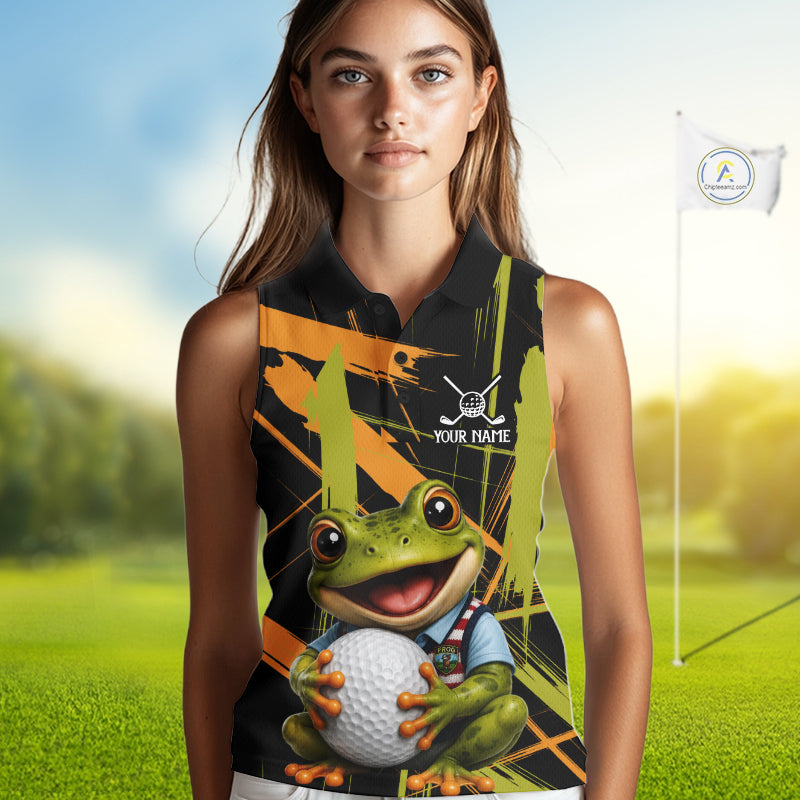 Womens Funny Cute Frog Womens Golf Sleeveless Polo Shirts Custom Yellow & Green Brush Golf Team Outfit, Golf Gifts NYN3999