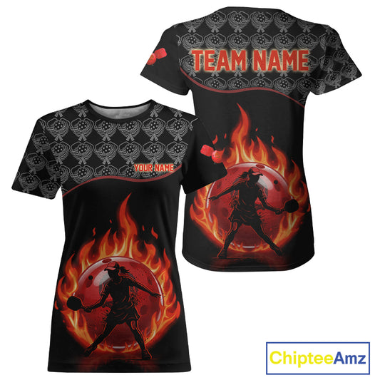Custom Silhouette Human Red Flame Pickleball 3D Ball Jerseys Women Pickleball League Shirts NYN2165