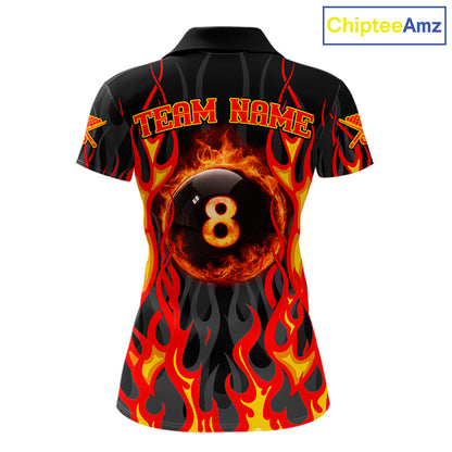 Fire Flame 8 Ball Pool Women Billiard Polo & 1/4-Zip Attire Custom Red Billiard Shirt Designs NYN2412