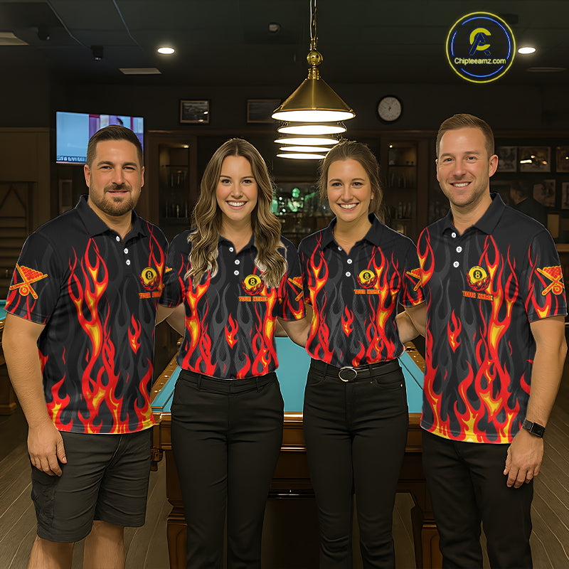 Fire Flame 8 Ball Pool Men Billiard Polo & 1/4-Zip Attire Custom Red Billiard Shirt Designs NYN2412