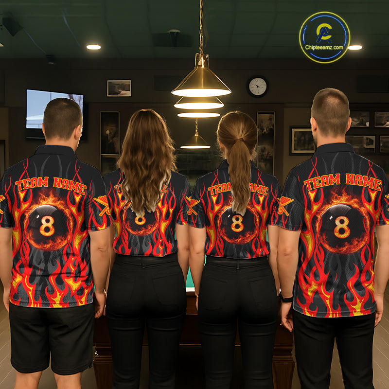 Fire Flame 8 Ball Pool Men Billiard Polo & 1/4-Zip Attire Custom Red Billiard Shirt Designs NYN2412