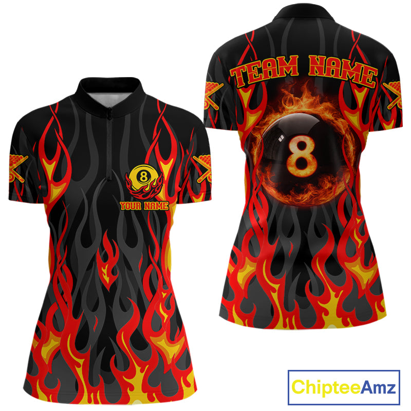 Fire Flame 8 Ball Pool Women Billiard Polo & 1/4-Zip Attire Custom Red Billiard Shirt Designs NYN2412