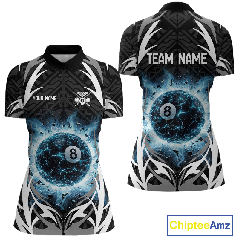 Lightning Blue 8 Ball Women Billiard Polo & 1/4-Zip Jersey Custom Tribal Pool Billiard Shirt NYN2415