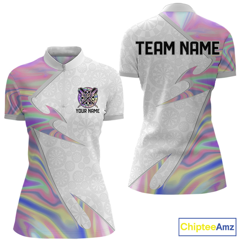 Personalized Pink Holographic Dartboard Pattern Women Darts Polo & 1/4-Zip Shirts Dart Team Jerseys NYN2811