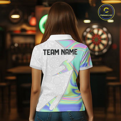 Personalized Green Blue Holographic Dartboard Pattern Women Darts Polo & 1/4-Zip Shirts Dart Team Jerseys NYN2812