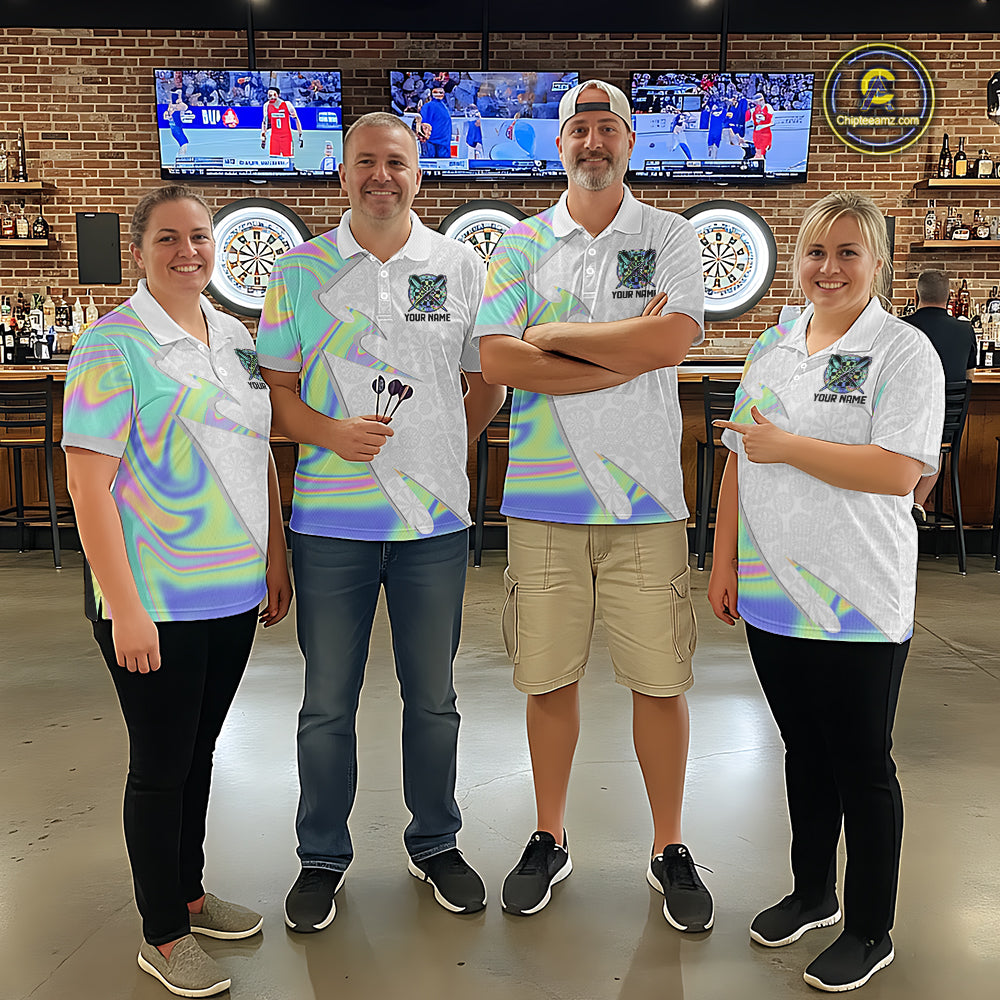 Personalized Green Blue Holographic Dartboard Pattern Men Darts Polo & 1/4-Zip Shirts Dart Team Jerseys NYN2812
