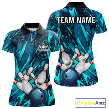 Load image into Gallery viewer, Strike Bowling Ball &amp; Pins Grunge Cyan Women Bowling Shirts Personalized Bowling Team Outfits NYN3189