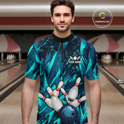 Strike Bowling Ball & Pins Grunge Cyan Men Bowling Shirts Personalized Bowling Team Outfits NYN3189
