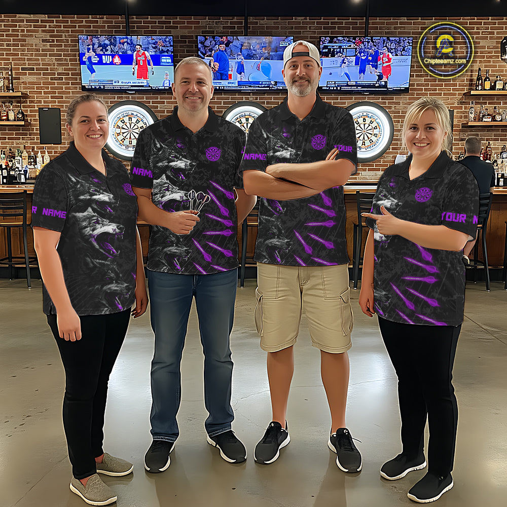 Custom Black And Purple Wolfs Grunge Dart Team Shirts For Men Outfits Dart Tournament Jerseys NYN4015