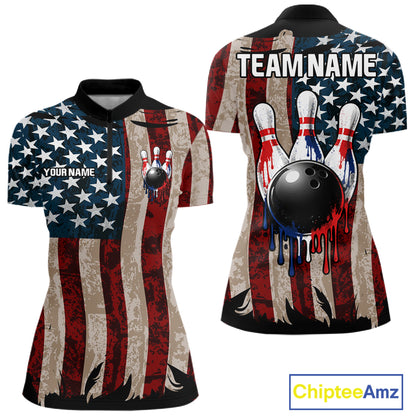 USA Flag Retro Patriot Bowling Team Shirt Custom Dripping Bowling Pins & Ball Womens Bowling Jersey NYN4019