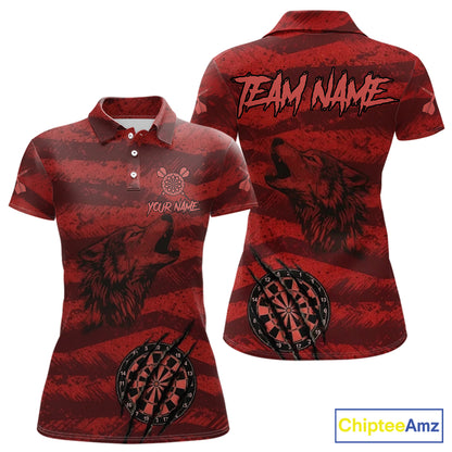 Custom Red Grunge Wolf Torn Dartboard Women Darts Polo Shirt Wolf Dart League Jerseys NYN2166