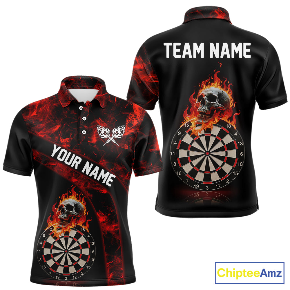Custom Black & Red Flaming Skull Darts Polo Shirt For Men Skull Dart League Jerseys NYN2169