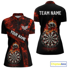 Load image into Gallery viewer, Custom Black &amp; Red Flaming Skull Darts Quarter-Zip Shirt For Women Skull Dart League Jerseys NYN2169