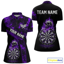 Load image into Gallery viewer, Custom Black &amp; Purple Flaming Skull Darts Quarter-Zip Shirt For Women Skull Dart League Jerseys NYN2170