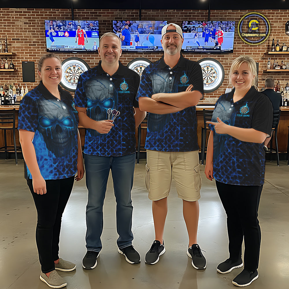 Custom Blue Dripping Skull Darts Polo Shirt For Women Fire Flame Skull Dart League Jerseys NYN2173