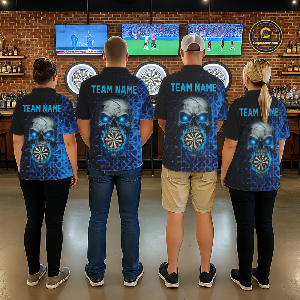 Custom Blue Dripping Skull Darts Polo Shirt For Women Fire Flame Skull Dart League Jerseys NYN2173