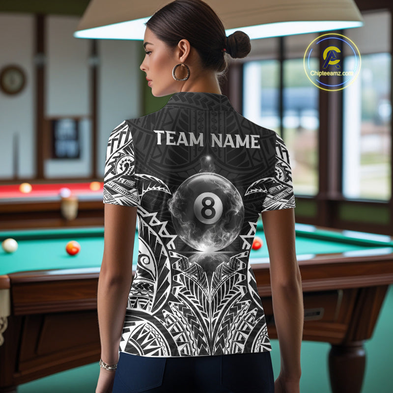 White Tribal Smoke 8 Ball Pool Women Polo & 1/4-Zip Shirt Personalized 3D Ball Billiard Gifts NYN2426