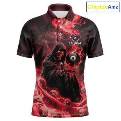 Grim Reaper Red Flames 8 Ball Pool Men Polo & 1/4-Zip Shirt Personalized Skull Billiard Gifts NYN2433